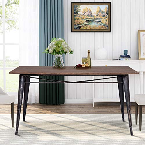 Dining Table, Antique Style Rectangular Dining Table with Metal Legs, Distressed Black