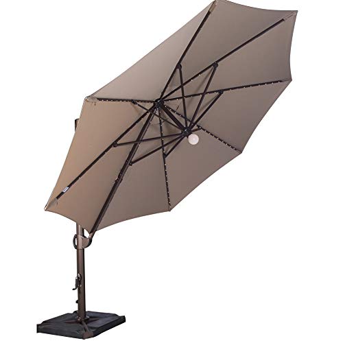 SORARA 11.5 Feet Offset Cantilever Umbrella Round Outdoor Patio Hanging Umbrella with Center Light, Cross Base & 4 pcs Base Weight and Umbrella Cover, Heather Beige