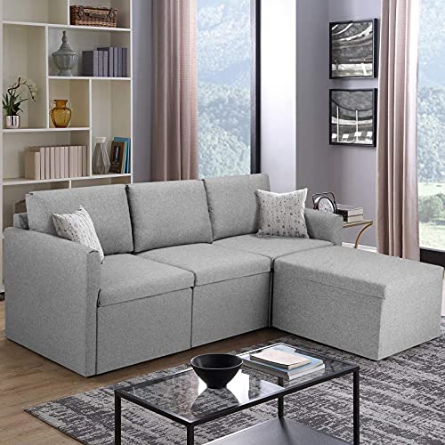 HOMHUM Convertible Sectional Sofa Couch, L-Shaped Couch with Reversible Chaise, Modern Linen Fabric Sofa for Small Space, Grey