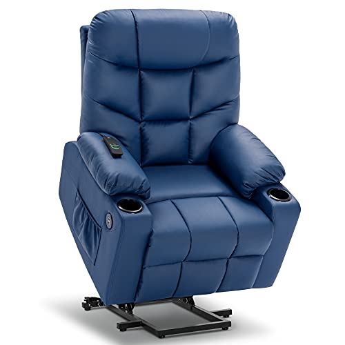 Mcombo Electric Power Lift Recliner Chair Sofa for Elderly, 3 Positions, 2 Side Pockets and Cup Holders, USB Ports, Faux Leather 7288 (Blue)