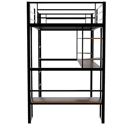Twin Loft Beds Metal Bed Frame Loft Bed with Wooden Desk and Bookcase, Twin Size Loft Bed for Dorm, Boys & Girls Teens Kids, Black
