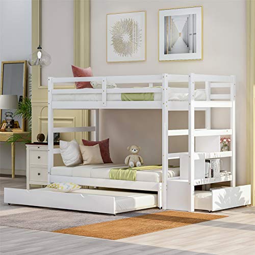 Twin Over Twin/King Bunk Beds with Trundle and Storage Drawers ,Bunk Beds with Stairway ,Twin Over Twin Pull-Out Trundle Bunk Beds, Solid Wood, No Box Spring Needed (White)
