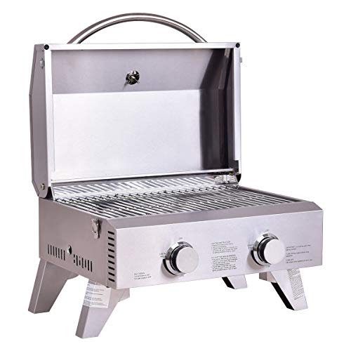 Mandycng Portable Backyard LPG Dual Burner Barbeque Grill Stove w/Lid, Patio Camping Kitchen Tabletop Grill Double Burner Head 20,000 BTU Max LPG, Low Smoke Adjustable 2 Burner