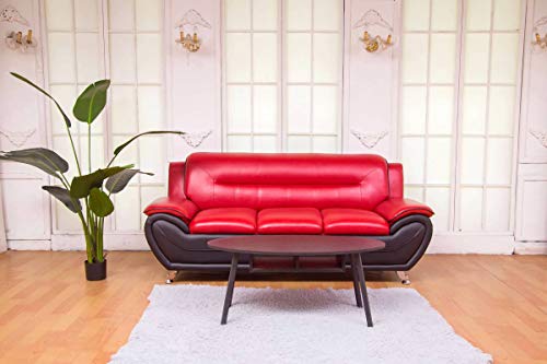 Greatime Red & Black Leatherette Three Seats Modern Sofa/Modern Contemporary Faux Leather Living Room Sofa/Leatherette Modern Sofa with Pillow Top Armrest & Stainless Steel Sofa Legs
