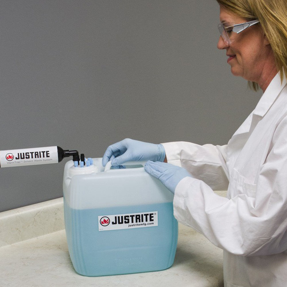 Justrite VaporTrap™ UN/DOT Carboy with Filter Kit, 13.5L HDPE, 70mm Cap, 6 Ports 1/8