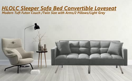 HLOLC Loveseat Sleeper Reclining Sofa Bed, Modern Tuft Futon Couch Convertible Sleeper Sofa Bed Twin Size with Arms and 2 Pillows for Living Room, 74.8”x33.2”x31.8”H, Grey