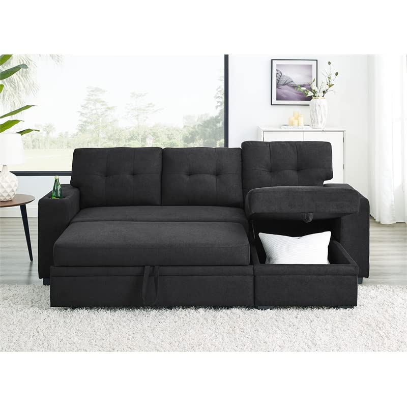 Trent Home Upholstery Polyester Blend Fabric Convertible Sectional Sleeper Sofa with Cup Holders in Black