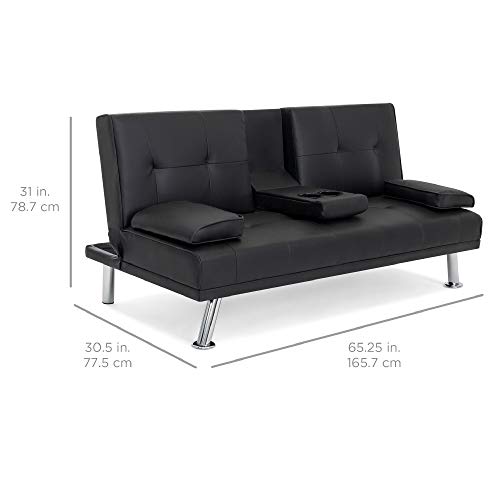 Best Choice Products Faux Leather Upholstered Modern Convertible Folding Futon Sofa Bed for Compact Living Space, Apartment, Dorm, Bonus Room w/Removable Armrests, Metal Legs, 2 Cupholders - Black