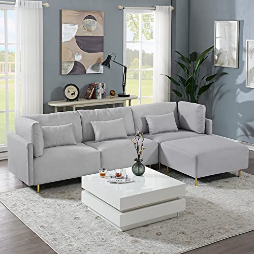 Antetek 108'' Convertible Sectional Sofa Couch L Shape Couch with Reversible Chaise and Golden Metal Legs, Modern Linen Modular Sectional Sofa for Living Room, Grey