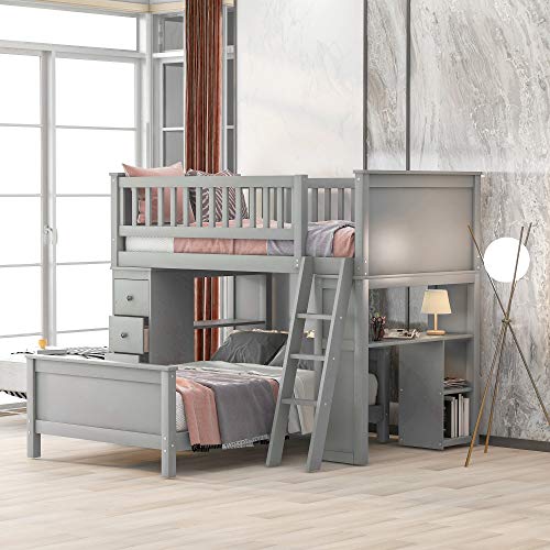Twin Over Twin Loft Bed with Drawers and Shelves, Wood Bunk Bed with Ladder, Gray
