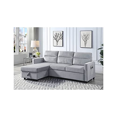 Lilola Home Velvet Reversible Sleeper Sectional Sofa with Storage Chaise and Side Pocket, Light Gray