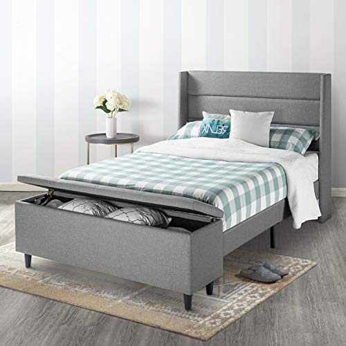 Mellow Platform Bed with Headboard and Bedside Storage Ottoman, Full, Gray