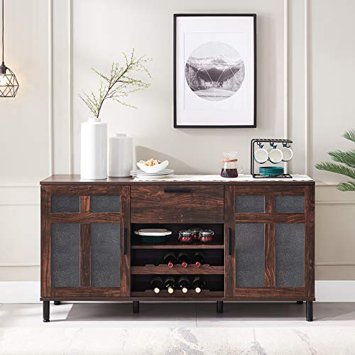 Click Clack Kitchen Sideboard, Dining Buffet Cabinet, Home Bar with Drawers and 8-Bottle Wine Rack, Storage Cupboard for Dining/Living Room/Kitchen, Dark Walnut