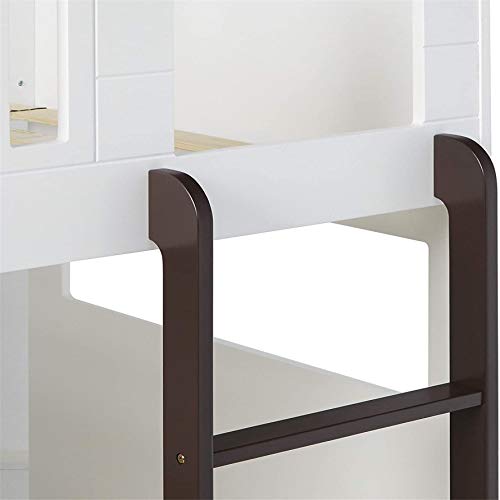 Bunk Bed Twin Over Twin with Storage Shelves, Wood Neptune Twin Bunk Bed , Low bunk Bed with Guardrail and Ladder for for Kids,Girls, or Boys ,No Box Spring Needed ,White & Chocolate