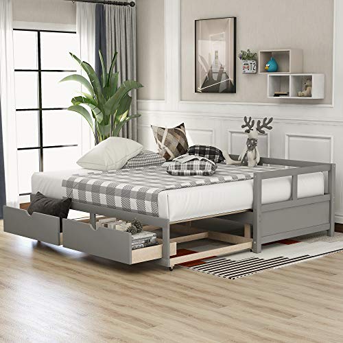 SOFTSEA Wooden Daybed with Pop Up Trundle and Two Storage Drawers, Extendable Daybed with Storages Twin Sofa Bed for Bedroom Living Room