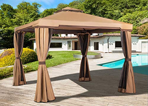 SOLAURA Patio Furniture 10' x 10' Gazebo for Patio, Outdoor Gazebo and Canopies Waterproof Light Brown Canopy Tent with Mosquito Netting