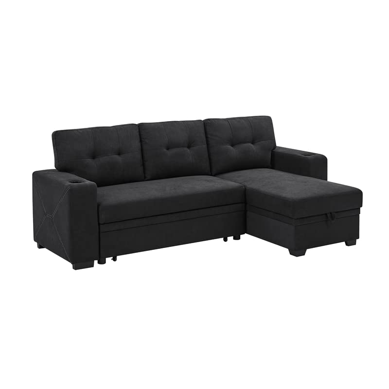 Trent Home Upholstery Polyester Blend Fabric Convertible Sectional Sleeper Sofa with Cup Holders in Black