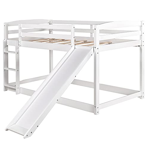 Twin Bunk Beds with Slide for Kids, Low Profile Bunk Beds with Ladder, Ladder and Slide can be Put on Both Side (White, Twin Bunk Beds (Slide+Ladder))