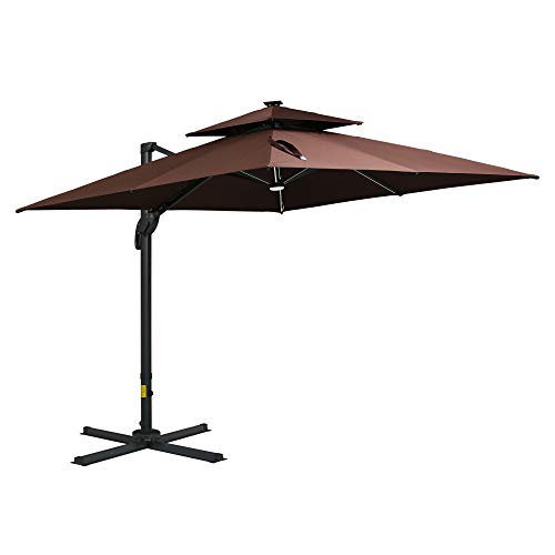 Outsunny 10' x 10' Patio Umbrella Outdoor Cantilever Offset Umbrella with Solar LED Lights, Power Bank, 360° Rotation, 4 Adjustable Tilt Angles, Brown