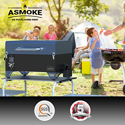 ASMOKE AS300 Electric Portable Wood Pellet Tailgating tabletop Grill and Smoker w/ Waterproof Cover and Stainless Steel Meat Probe,256 Sq. in. Cooking Area,8 in 1 BBQ Set,PID Control,Tahoe Blue