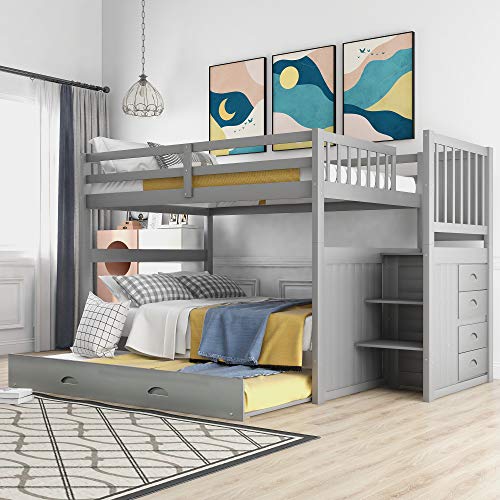 Harper & Bright Designs Full Over Full Stairway Bunk Bed with Twin Size Trundle and Drawers, No Spring Box Needed (Grey)