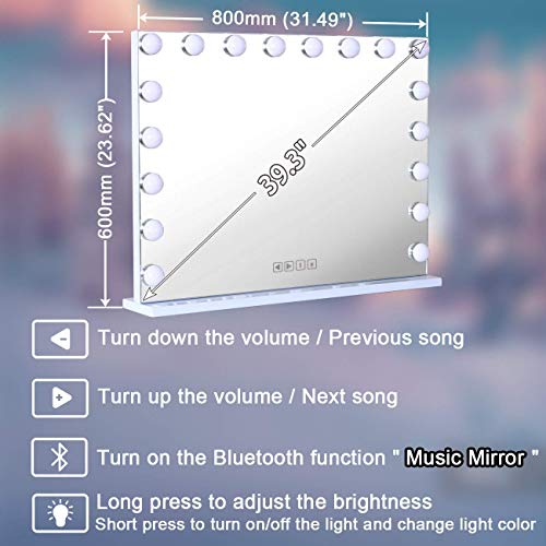 COOLJEEN Large Hollywood Beauty Vanity Mirror with Lights 18 LED Bulbs 3 Color Lighting Modes Makeup Mirror with USB Charging Port & Bluetooth Speaker (White, Bluetooth)
