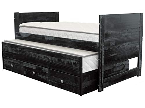 Bedz King All in One Bed with Twin Trundle and 3 Built in Drawers, Weathered Black