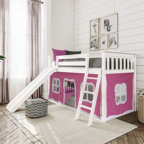 Max & Lily Low Bunk Bed with Slide and Pink Curtains, Twin, White