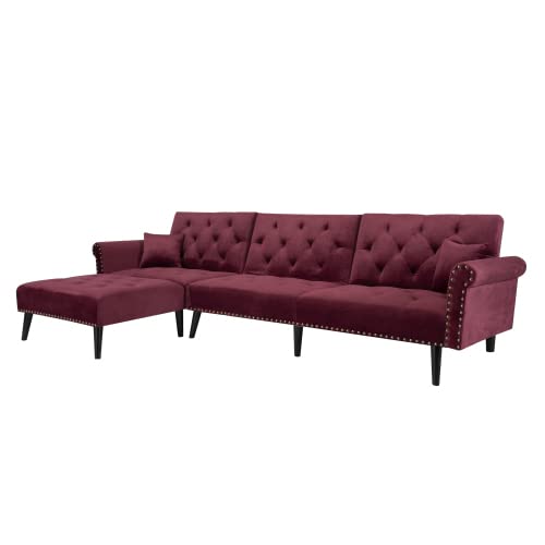 L-Shaped Velvet Sectional Sofa Bed, 4-Seating Living Room Convertible Sleeper Futon Couch Chaise with Solid Wood Legs (Red)