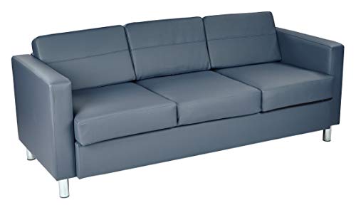 Office Star Pacific Sofa with Padded Box Spring Seats and Silver Metal Legs, Dillon Blue Faux Leather