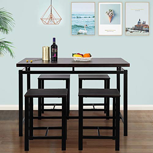 PovKeever Harper Bright Designs 5 Piece Dining Set Wood and Metal Pub Table with 4 Bar Stools,Espresso
