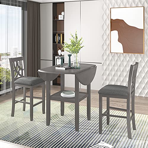 3 Piece Counter Height Kitchen Dining Set with Round Drop Leaf Dining Table, One Shelf and 2 Cross Back Padded Chairs, Farmhouse Dining Room Set for Small Places, Gray