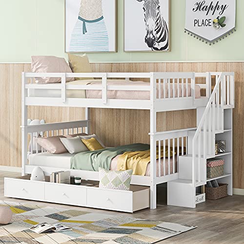 Full-Over-Full Bunk Bed with 4 Storage Stairway , 3 Drawers and Guard Rail, Full-Over-Full Bunk Bed for Bedroom, Dorm, for Family, Kids, Teens, No Box Spring Needed