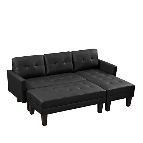 L Shape Sectional Sofa Couch with Ottoman Bench, Olela Sectional 3 Seat Sofa Set,Reversible Chaise Lounge Tufted Faux Leather Black