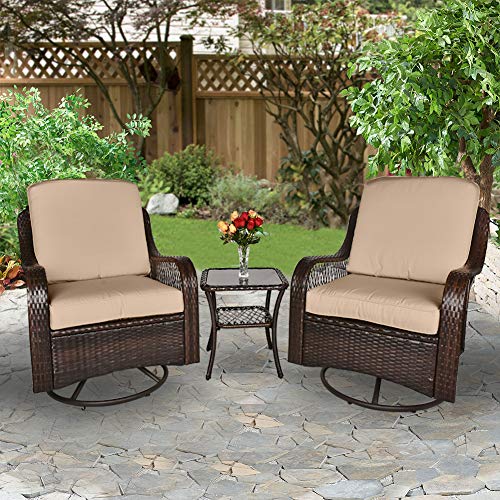 LETATA 3-Pieces Patio Wicker Bistro Furniture Set with Cushioned Swivel Rocking Chairs Side Table Outdoor Rattan Conversation Sets