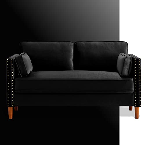 Modern Black Velvet Twin Office Loveseat Chair Soft Rivet Couch Modular Small Sofa for Apartment Bedroom Living Room Mid Century Retro Sectional Dorm Fluffy Futon (Black)