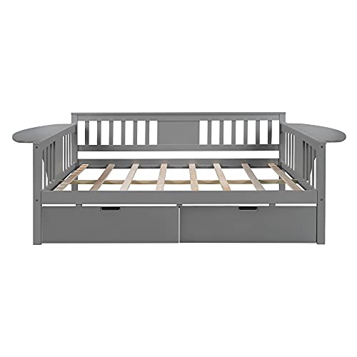 Daybed with Two Drawers, Wood Full Size Sofa Bed Frame with Small Table, Storage Daybed for Bedroom, Living Room (Grey,Full with Drawers)