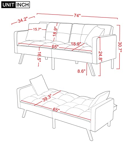 Velvet Convertible Futon Sofa Bed with Two Pillows, Modern Upholstered Sleeper Sofa Couch with 3 Adjustable Backrests and 6 Solid Metal Legs, Twin Size Loveseat Recliner for Living Room (Off White)