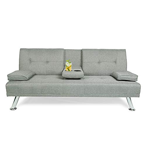 Hooseng Frabic Convertible Futon Sofa Bed 2 Cupholders with Armrest & Fold Up & Down Recliner Couch with Cup Holders, Gray