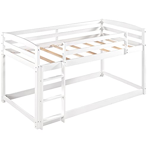 Bunk Beds Twin Over Twin Size, Wood Bunk Beds Low Profile for Kids, Ladders can be Put on Both Side White