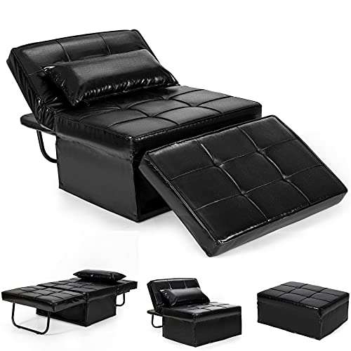 Giantex Sofa Bed Convertible Sleeper Adjustable Recliner Chair 4 in 1 Multi-Function 6-Position Backrest Ottoman Guest Bed Sofa Couch with Waist Pillow No Assembly (Black)