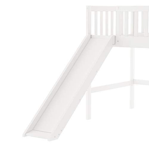 Loft Bed Twin with Ladder , Twin loft Bed with Slide ,Wood Low Profile Kids loft Bed , No Box Spring Needed,White