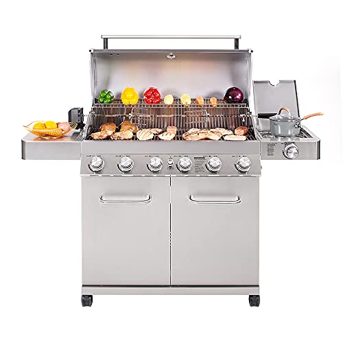Monument Grills 77352 6-Burner Stainless Steel Propane Gas Grill with LED Controls, Side Burner, Built in Thermometer, and Rotisserie Kit