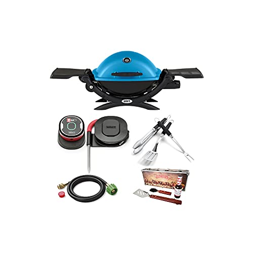 Weber Q 1200 Gas Grill (Blue) with Adapter Hose, Thermometer, Tool Set and BBQ Grill Gift Set Bundle (5 Items)