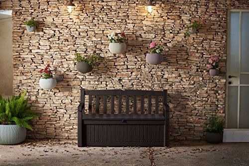 Keter Borneo 110 Gallon Resin Deck Box-Organization and Storage for Patio Furniture Outdoor Cushions, Throw Pillows, Brown & Eden 70 Gallon Storage Bench Deck Box for Patio Furniture,Brown / Brown
