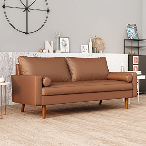 Pannow Mid-Century Modern Vegan Leather Tufted Sofa Couch, 69.68” PVC Square Arm Loveseat Sofa with Toss Pillows, Solid Wood Frame, Easy Assembly for Small Apartment Living Room Teenagers Guest Room