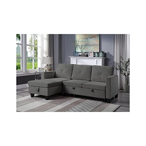 Lilola Home Velvet Reversible Sleeper Sectional Sofa with Storage Chaise, Dark Gray