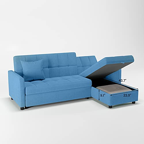 Helia Reversible Sectional Sofa Sleeper, Blue Sectional Couch Pull Out Sofa Bed L Shaped Upholstered Sofa Bed with Left or Right Handed Storage Chaise for Living Room Furniture Set