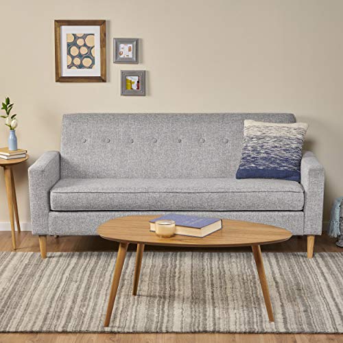 GDFStudio Christopher Knight Home Sawyer Mid-Century Modern Fabric 3-Seater Sofa, Light Grey Tweed / Natural
