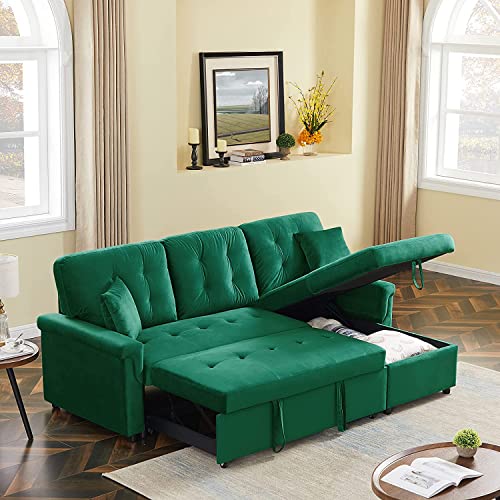 GAOPAN Modern Velvet Upholstered Sectional Sofa Pull-Out Sleeper Bed Sofabed with Wide Reversible Storage Chaise Lounge, L-Shape Corner Couch for Living Room Furniture Set & Apartment, Green